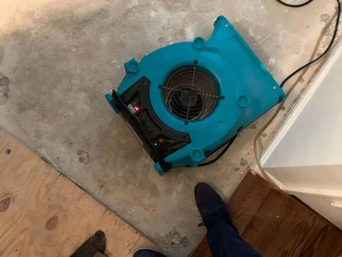 Air mover drying subfloor during Commercial Water Damage Restoration in Sumner